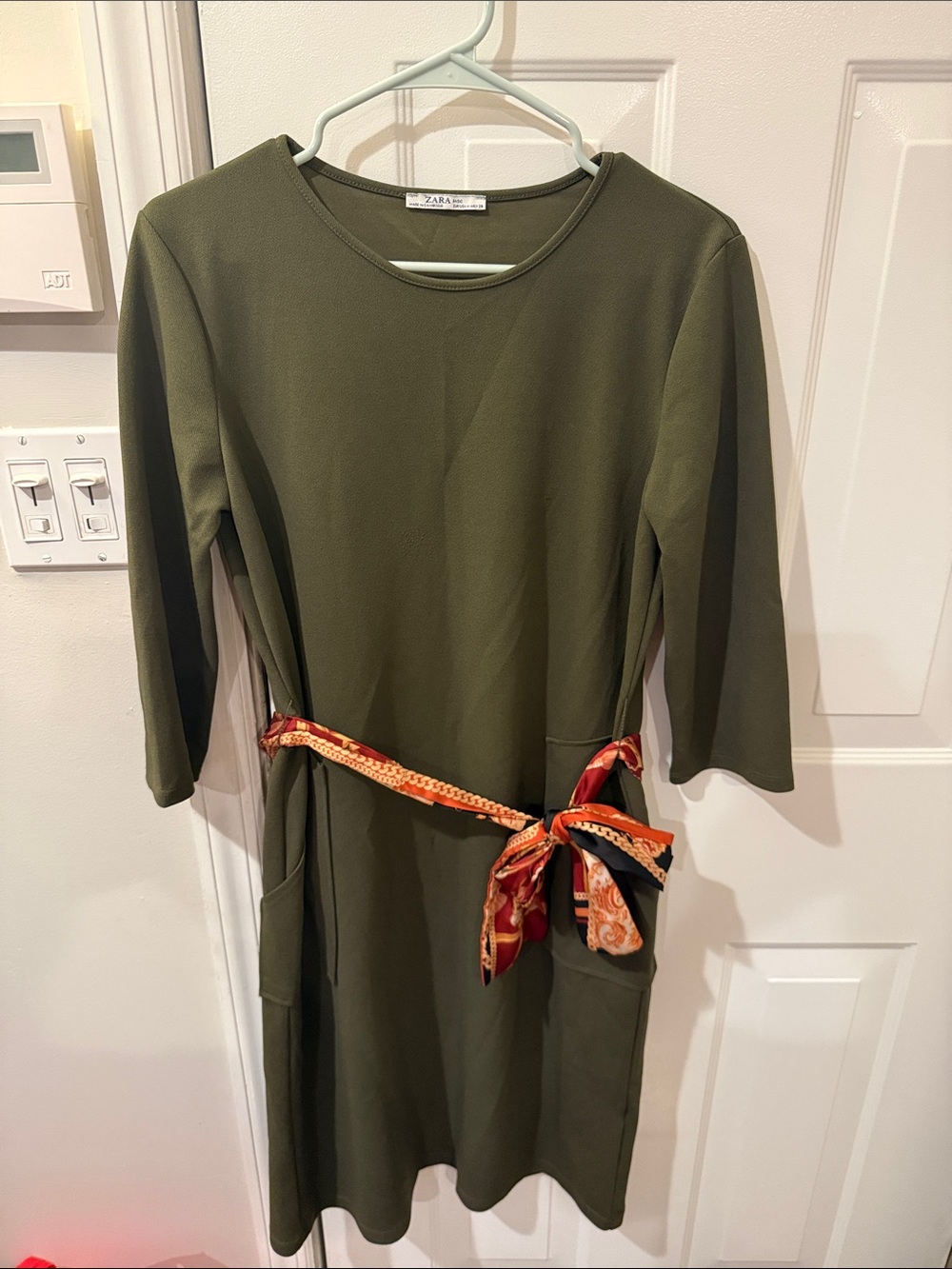 ZARA Olive Green Midi Dress with Orange Scarf Belt
